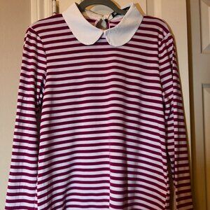 NWT Women's Striped Long Sleeve Blouse Peter Pan Collar Burgundy & White Medium